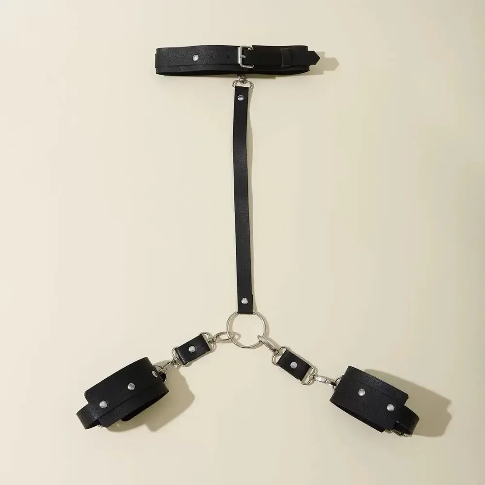 Punk Goth Adjustable Leather Collar to Cuff Restraint Set